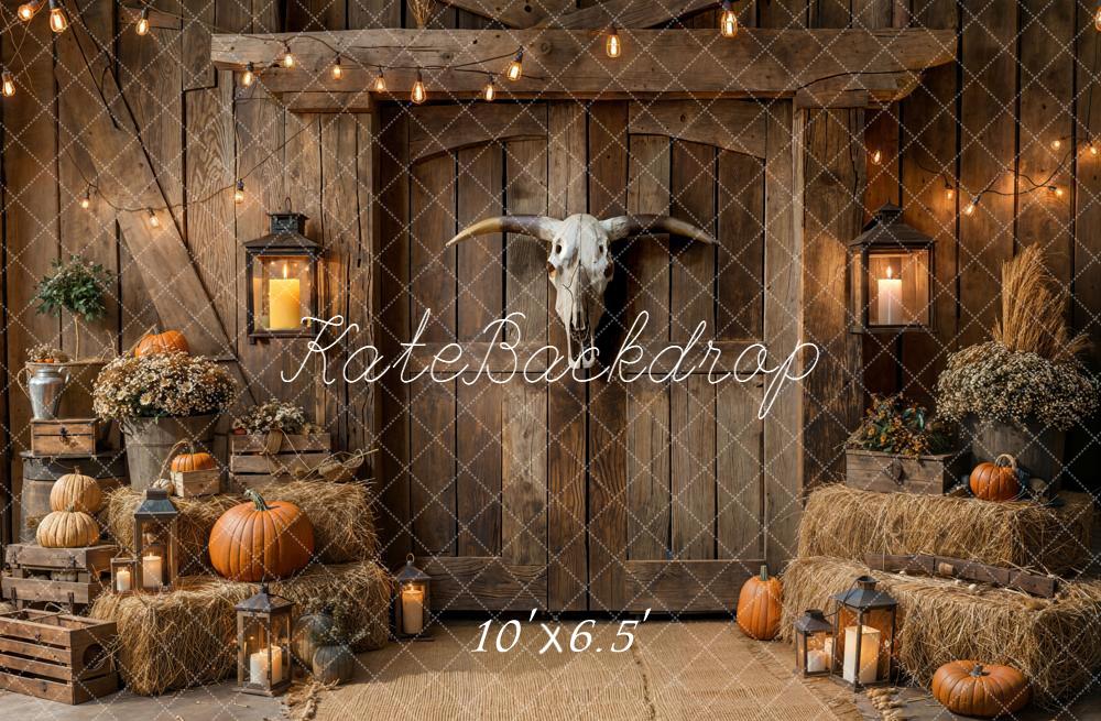 Kate Autumn Barn Wood Pumpkins Hay Fleece Backdrop Designed by Emetselch - Kate Backdrop AU