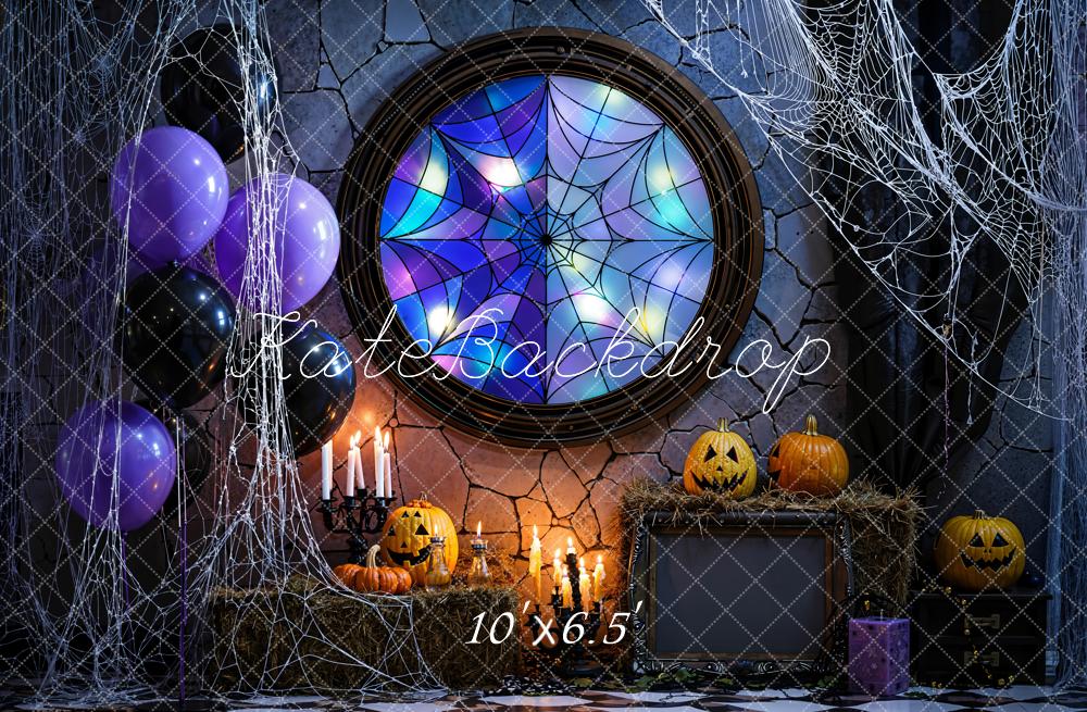 Kate Halloween Stained Glass Spiderweb Fleece Backdrop Designed by Emetselch