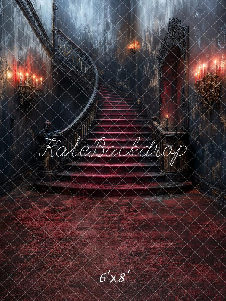 Kate Dark Mansion Cascading Stairs Red Carpet Fleece Backdrop Designed by Emetselch - Kate Backdrop AU