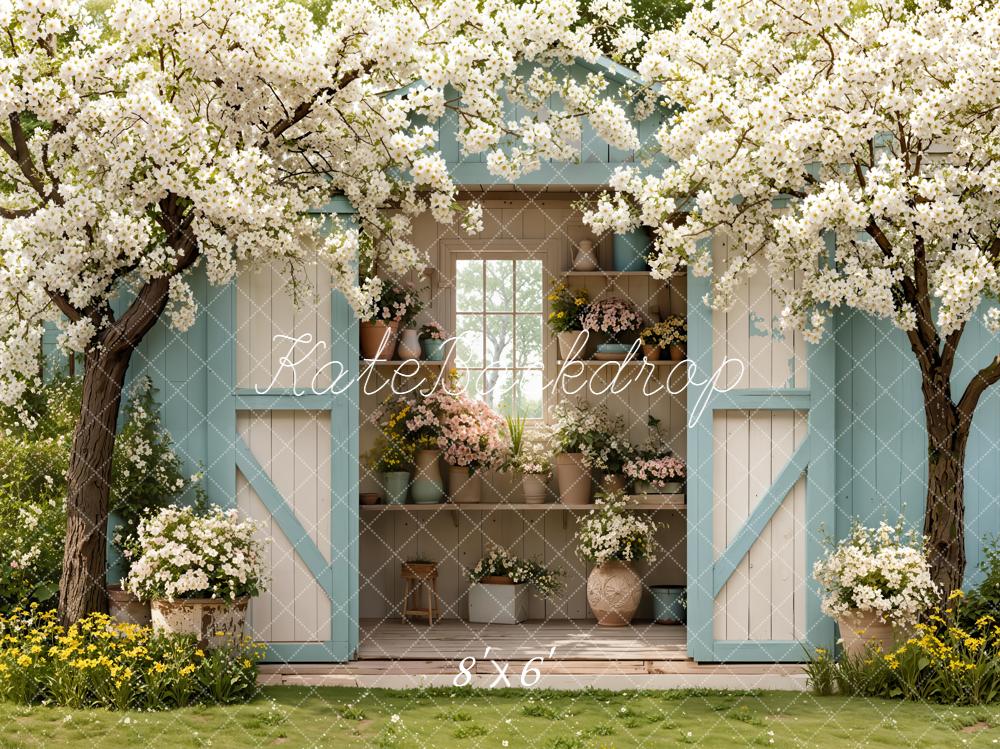 Kate Spring Garden Blue Shed Blossom Trees Backdrop Designed by Emetselch