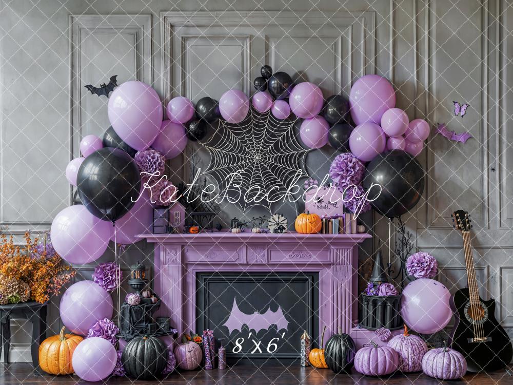 Kate Halloween Purple Black Balloons Backdrop Pumpkins Spider Web Designed by Emetselch - Kate Backdrop AU