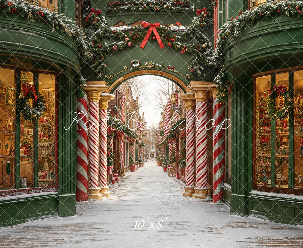 Kate Christmas Candy Cane Archway Snowy Street Fleece Backdrop Designed by Emetselch - Kate Backdrop AU