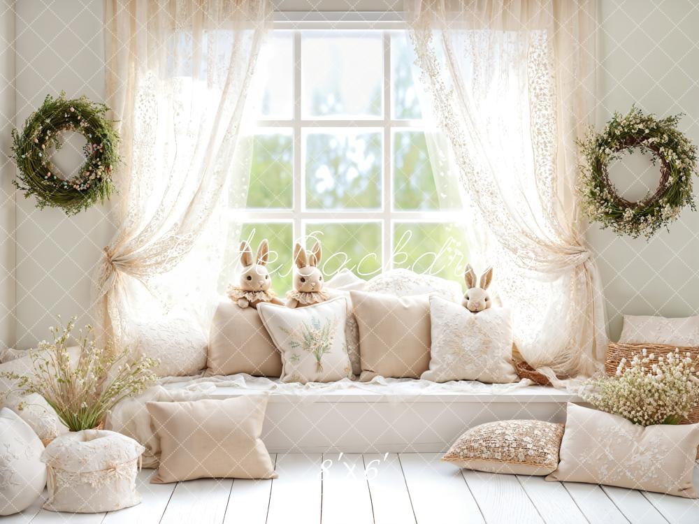 Kate Easter Bunny Window Seat Neutral Wreaths Backdrop Designed by Emetselch - Kate Backdrop AU