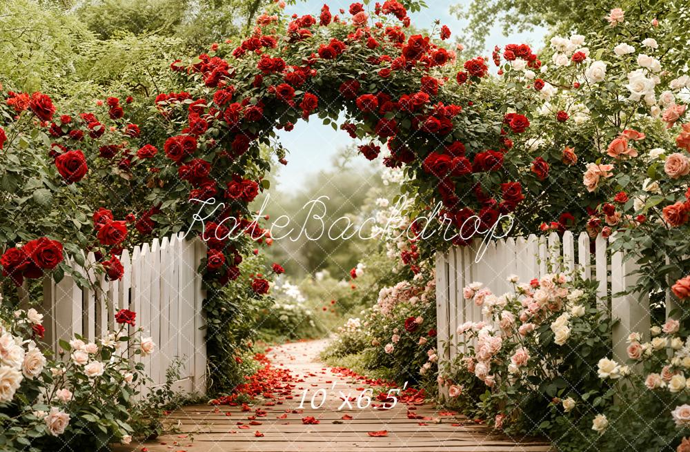 Kate Flower Arch Red Roses White Fence Backdrop Designed by Emetselch