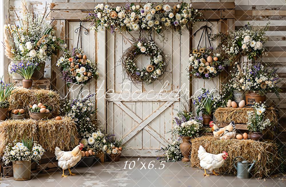 Kate Farmhouse Easter Eggs Chickens Hay Backdrop Designed by Emetselch