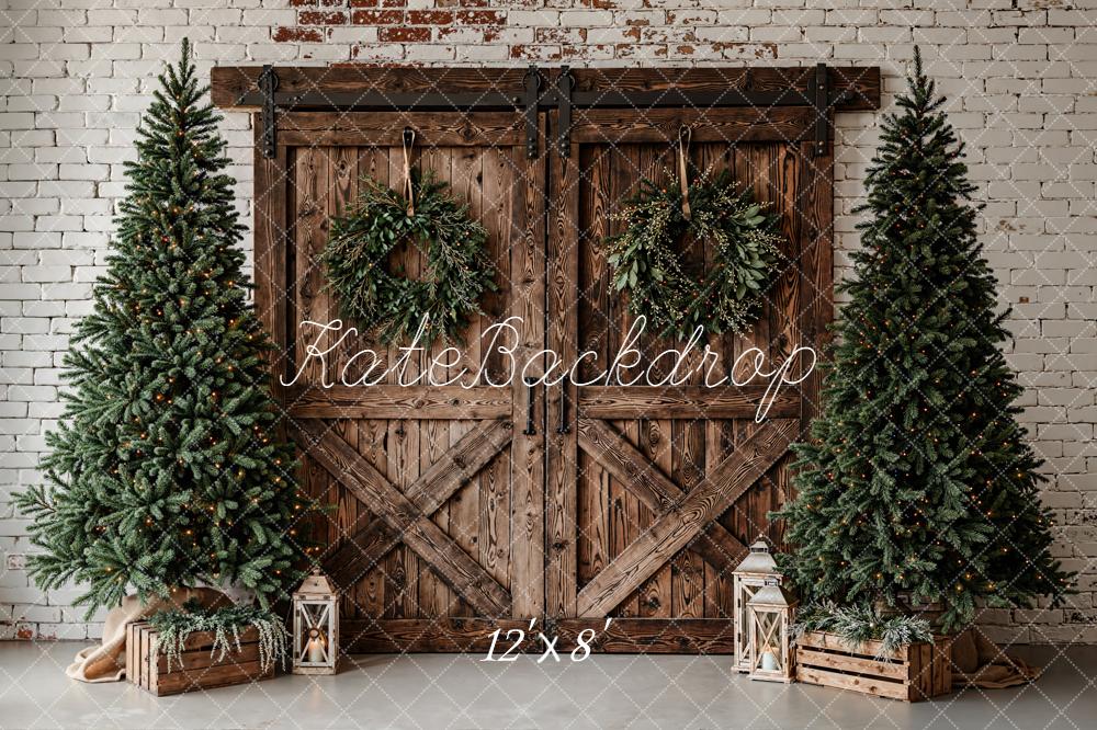 Kate Christmas Pine Trees Barn Doors Backdrop Designed by Emetselch