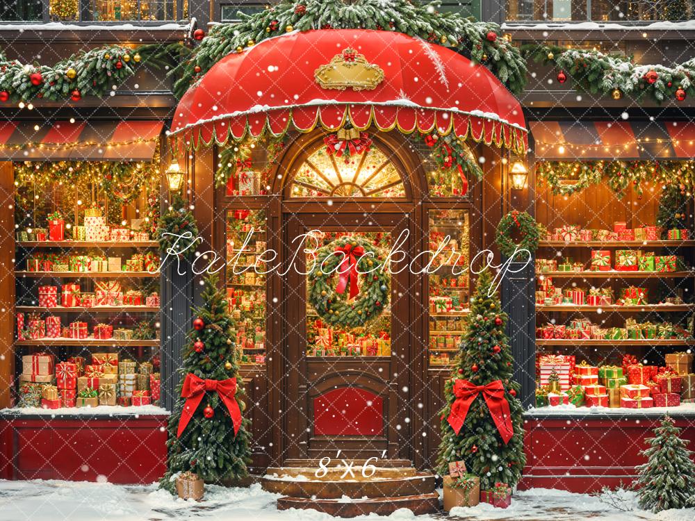 Kate Christmas Shopfront Presents Shelves Red Backdrop Designed by Chain