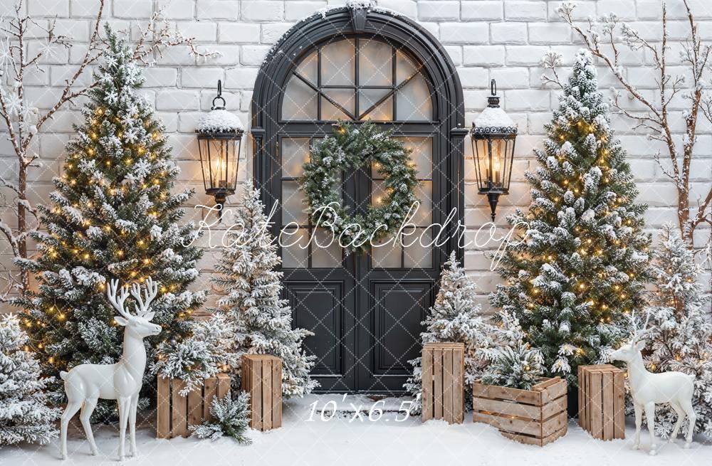 Kate Christmas Snowy Door Reindeer Fleece Backdrop Designed by Emetselch