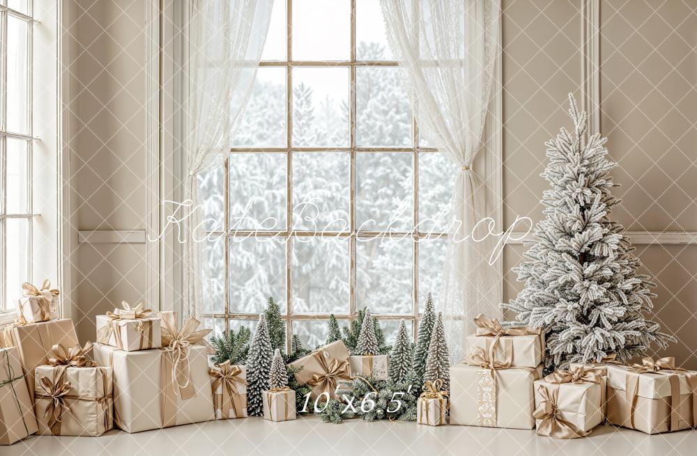 Kate Christmas Gifts Frosted Tree Window Fleece Backdrop Designed by Emetselch - Kate Backdrop AU
