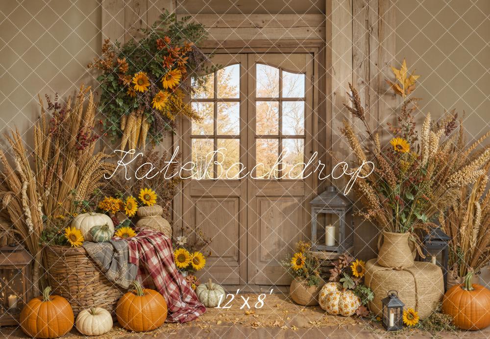 Kate Fall Pumpkins Sunflowers Rustic Fleece Backdrop Designed by Emetselch