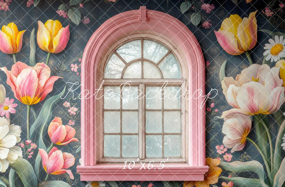 Kate Pink Arch Window Tulip Flowers Backdrop Designed by Mini MakeBelieve - Kate Backdrop AU