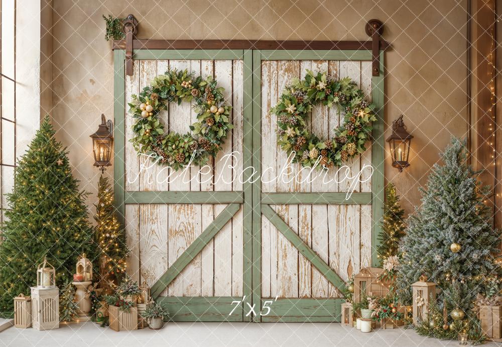 Kate Christmas Green Barn Door Wreaths Trees Backdrop Designed by Emetselch