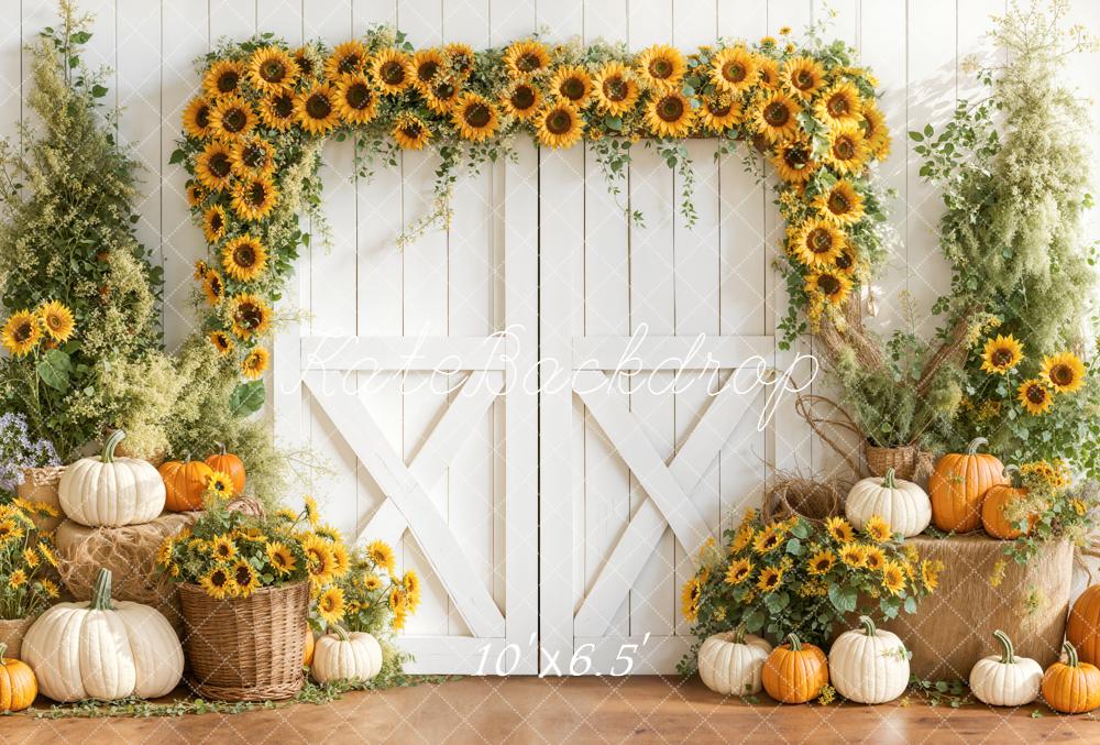 Kate Sunflower Arch Pumpkins White Barn Fleece Backdrop Designed by Emetselch