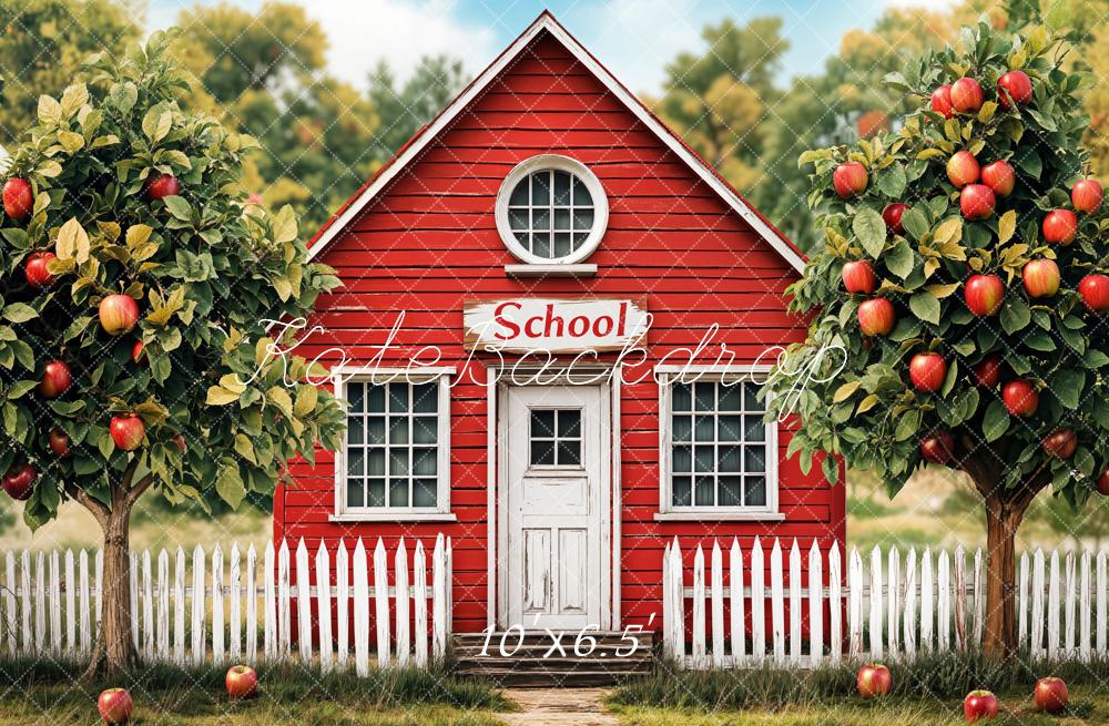 Kate Red Schoolhouse Apple Trees Fleece Backdrop Designed by Emetselch - Kate Backdrop AU