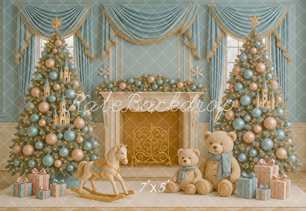 Kate Christmas Trees Fireplace Presents Backdrop Designed by Ashley Paul