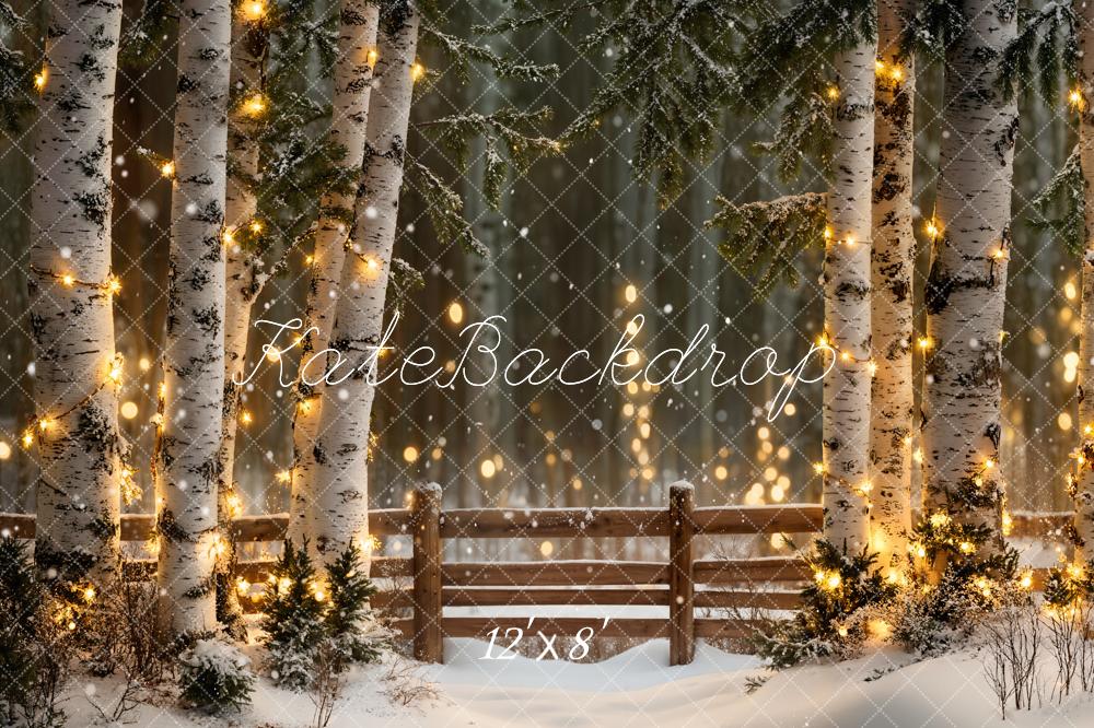 Kate Winter Snowy Birch Trees Lights Fence Fleece Backdrop Designed by Emetselch - Kate Backdrop AU