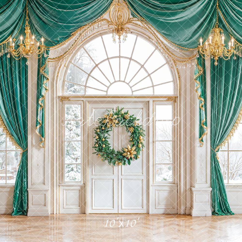 Kate Christmas Green Curtains Windows Backdrop Designed by Emetselch - Kate Backdrop AU
