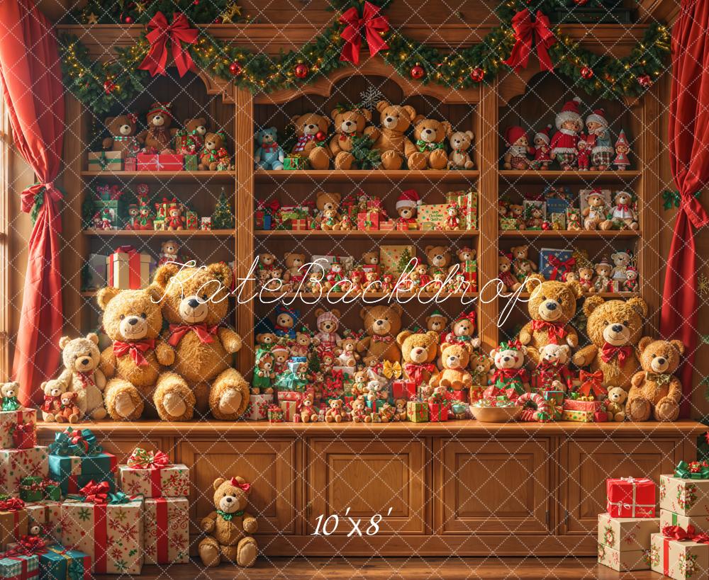 Kate Christmas Teddy Bears Presents Cabinet Fleece Backdrop Designed by Emetselch - Kate Backdrop AU