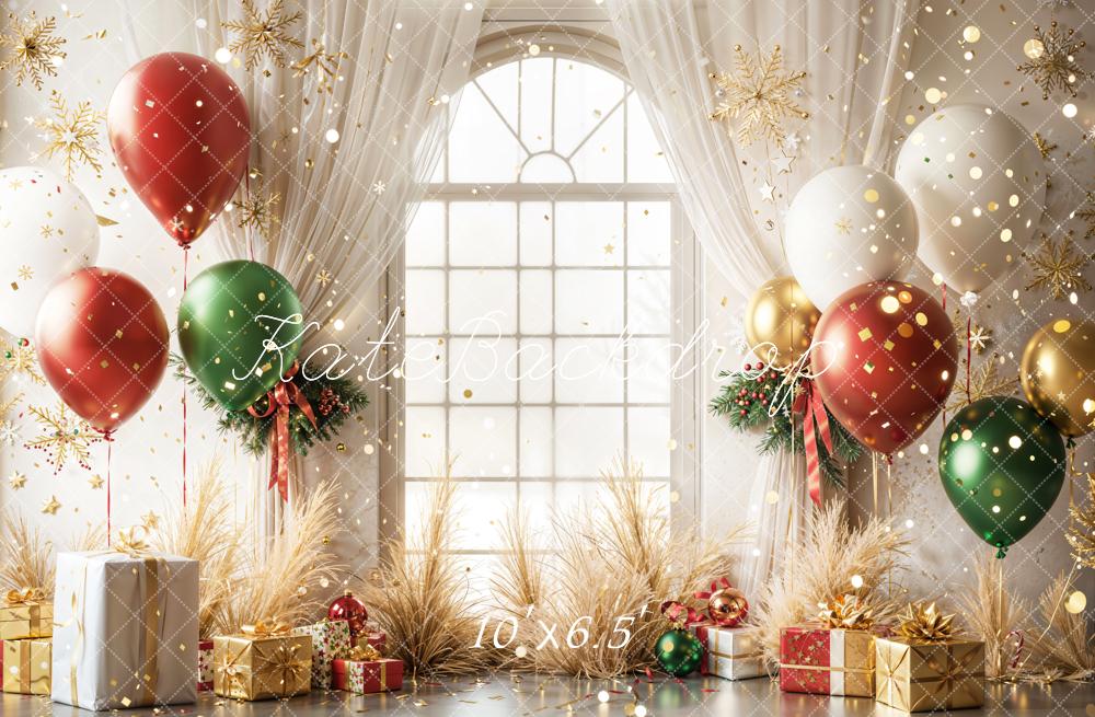 Kate Christmas Balloons Window Gifts Fleece Backdrop Designed by Emetselch - Kate Backdrop AU