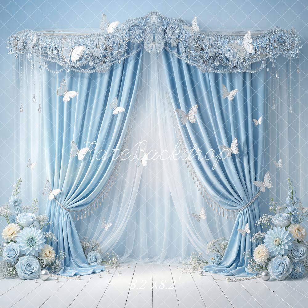 Kate Blue Curtain Floral Butterfly Elegant Backdrop Designed by Emetselch
