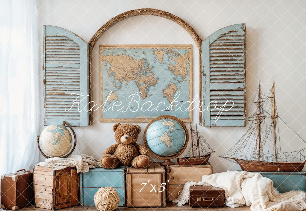 Kate Vintage Map Globe Teddy Bear Nautical Backdrop Designed by Emetselch - Kate Backdrop AU