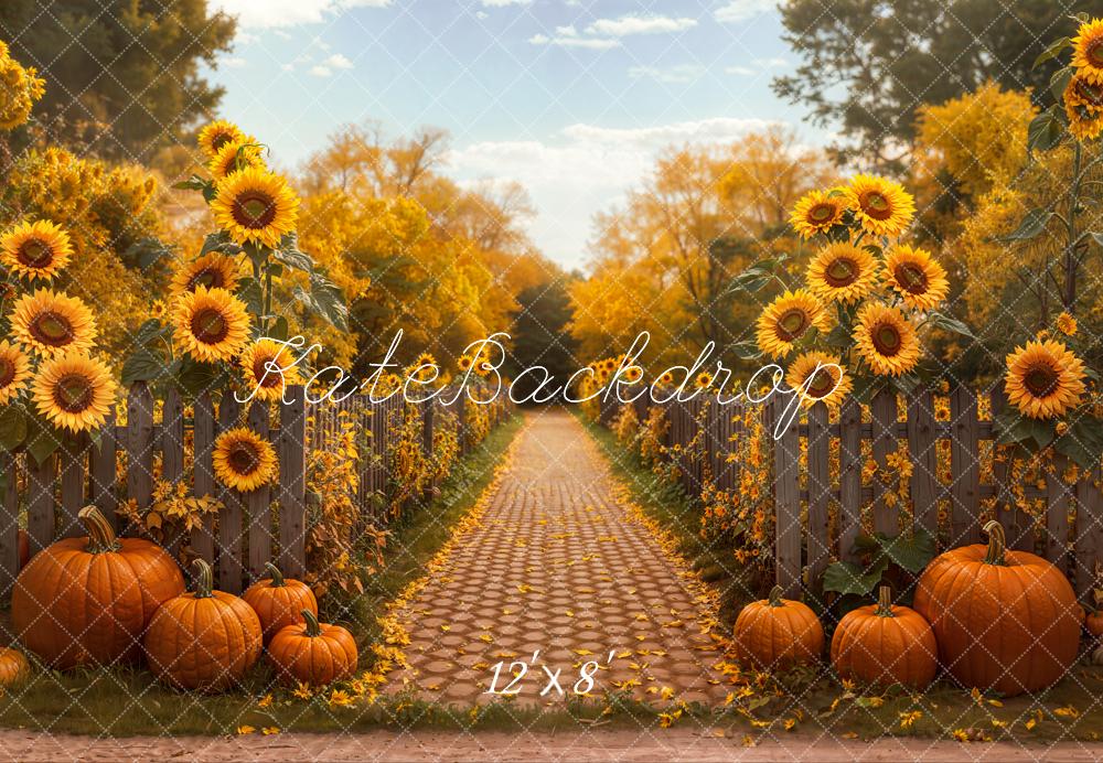 Kate Fall Sunflowers Pumpkins Pathway Fleece Backdrop Designed by Emetselch - Kate Backdrop AU