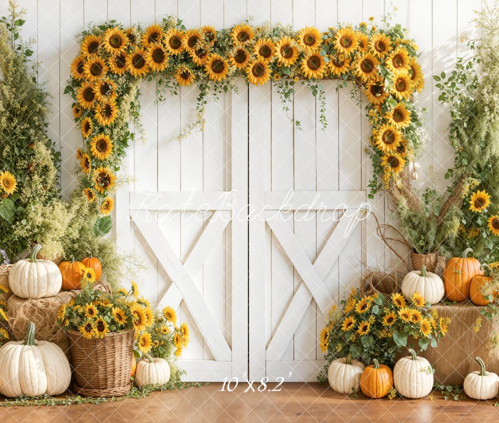 Kate Sunflower Arch Pumpkins White Barn Fleece Backdrop Designed by Emetselch