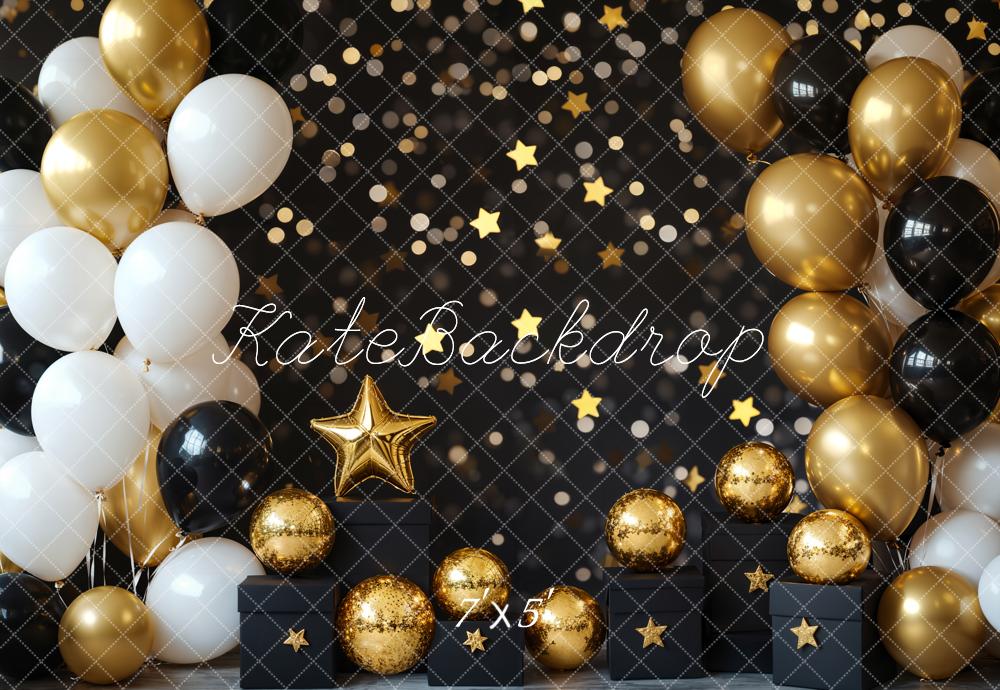 Kate Black Gold White Balloons Star Backdrop Designed by Emetselch