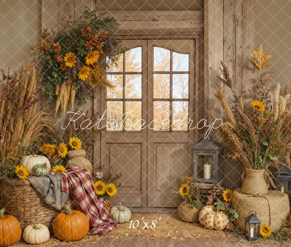 Kate Fall Pumpkins Sunflowers Rustic Fleece Backdrop Designed by Emetselch