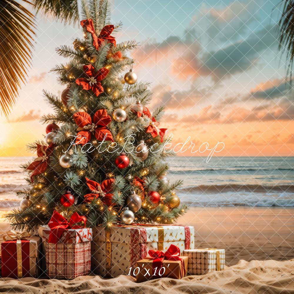 Kate Christmas Tree Presents Beach Sunset Backdrop Designed by Emetselch