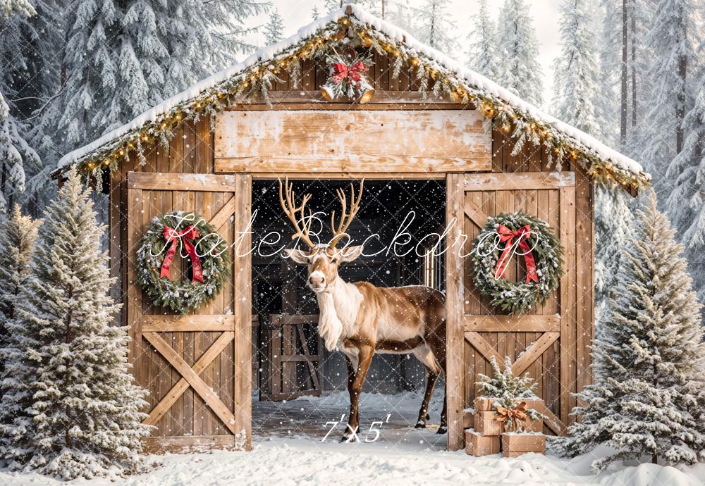 Kate Christmas Reindeer Wooden Barn Snow Trees Backdrop Designed by Emetselch