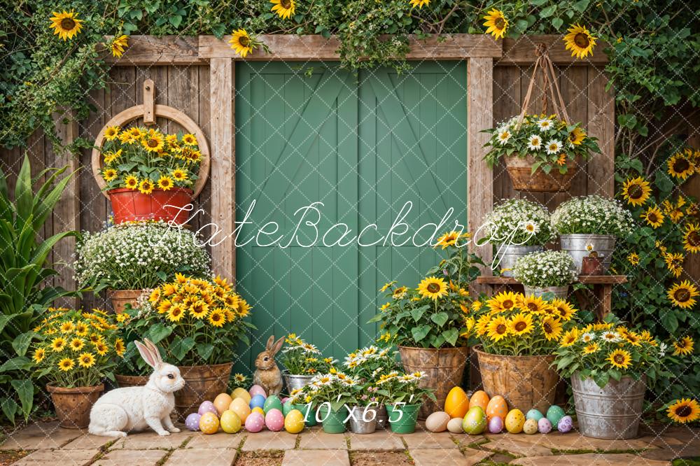 Kate Easter Bunny Sunflowers Rustic Green Door Backdrop Designed by Emetselch