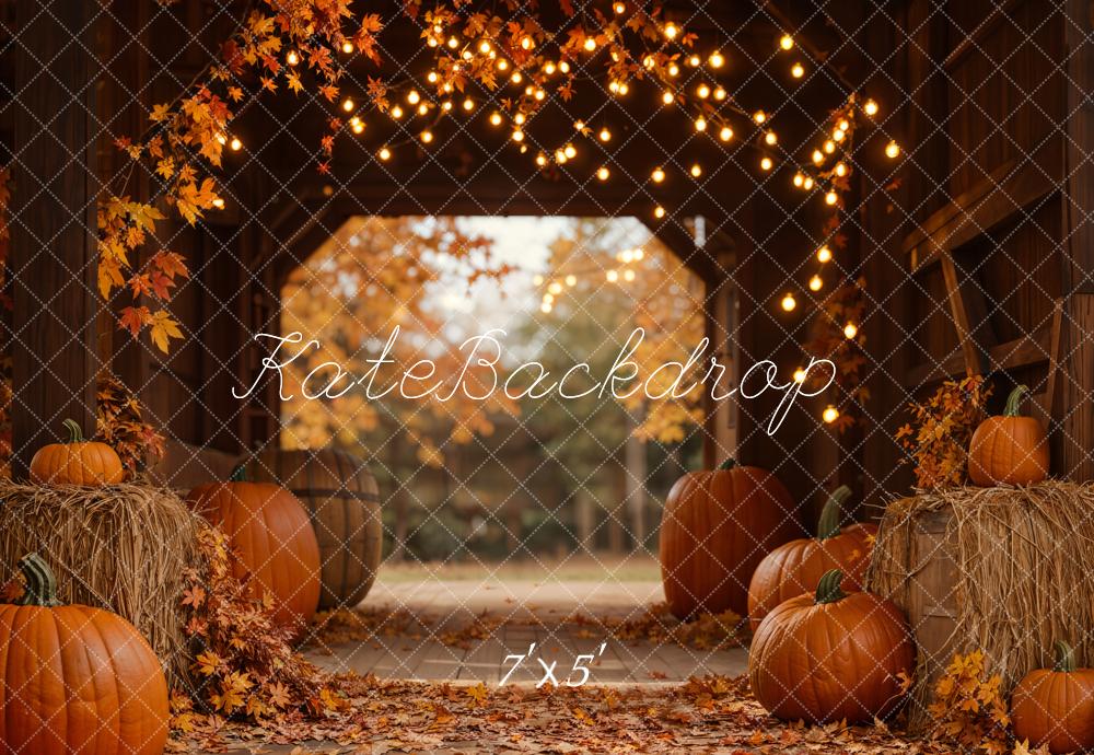 Kate Autumn Pumpkins Hay Barn Lights Backdrop Designed by Emetselch