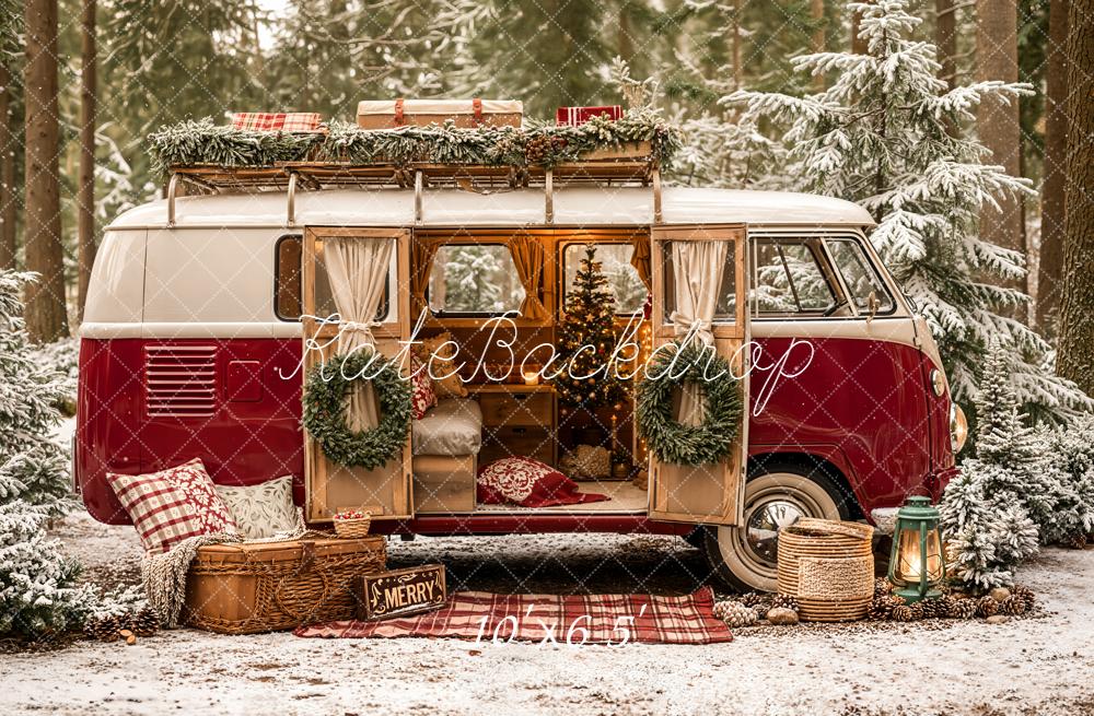 Kate Christmas Vintage Van Pine Fleece Backdrop Designed by Emetselch