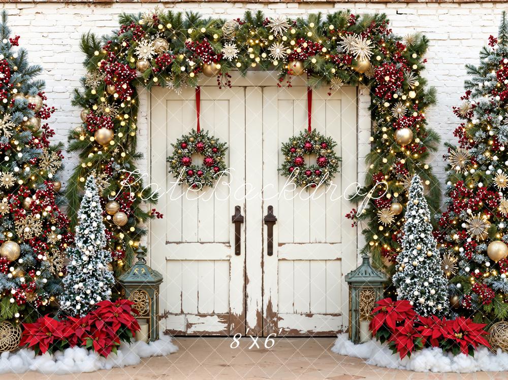 Kate Christmas Door Garland Poinsettia Trees Fleece Backdrop Designed by Emetselch
