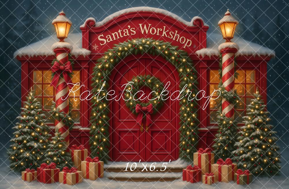Kate Christmas Santa's Workshop Red Door Backdrop Designed by Ashley Paul