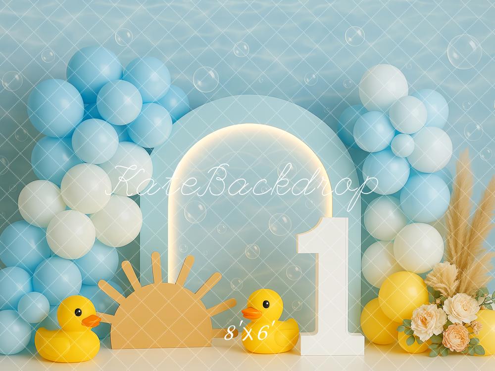 Kate 1st Birthday Blue Balloons Ducks Backdrop Designed by Patty Roberts - Kate Backdrop AU