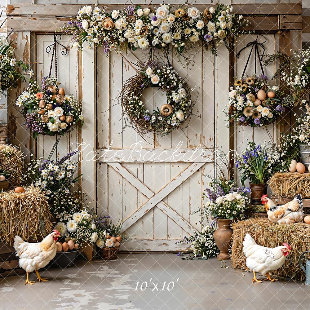 Kate Farmhouse Easter Eggs Chickens Hay Backdrop Designed by Emetselch