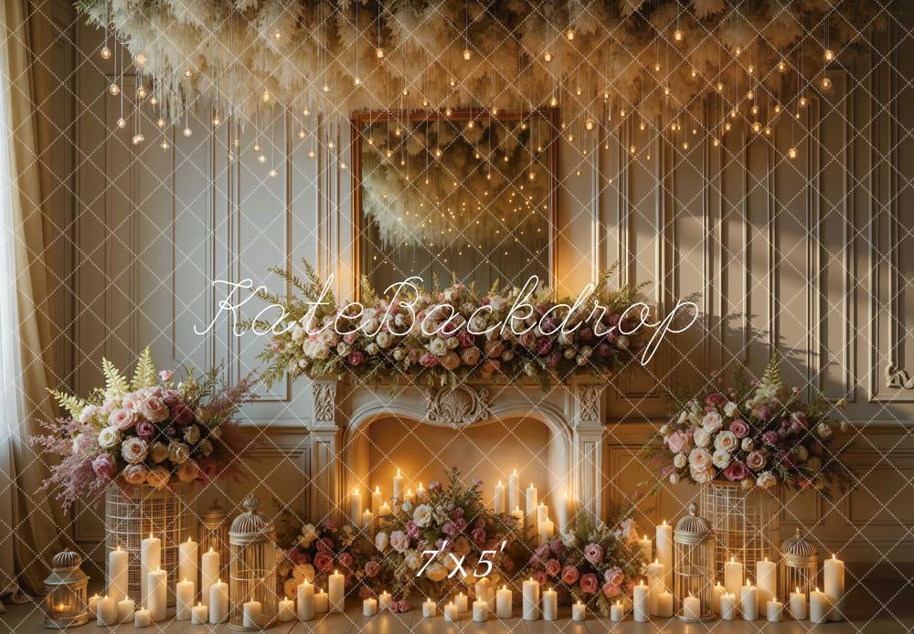 Kate Wedding Fireplace Floral Candles Backdrop Designed by Mini MakeBelieve