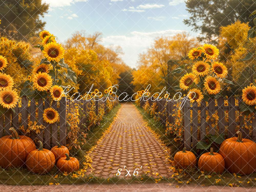 Kate Fall Sunflowers Pumpkins Pathway Fleece Backdrop Designed by Emetselch - Kate Backdrop AU