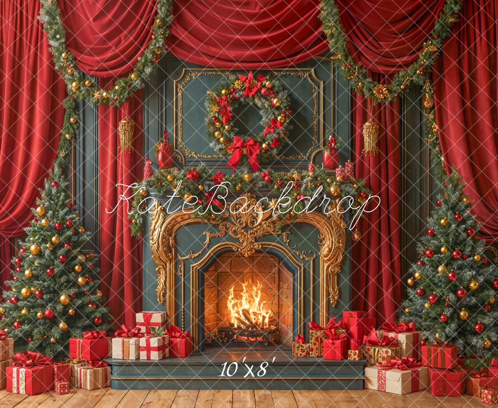 Kate Christmas Fireplace Wreath Presents Trees Fleece Backdrop Designed by Emetselch - Kate Backdrop AU