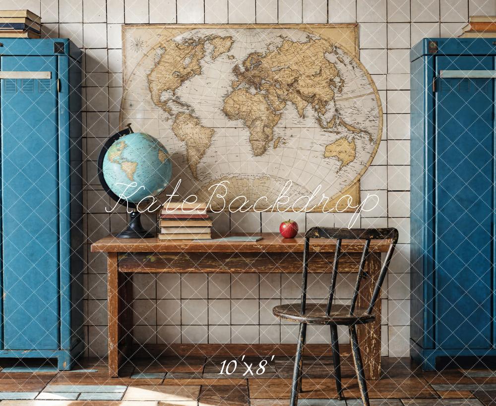 Kate Back to School Vintage Desk Map Globe Fleece Backdrop Designed by Emetselch - Kate Backdrop AU