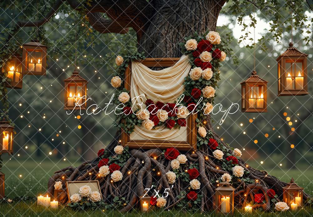 Kate Wedding Tree Roots Lantern Roses Backdrop Designed by Mini MakeBelieve