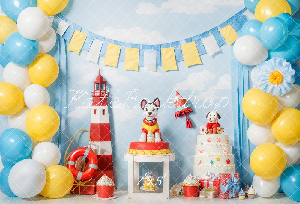 Kate Cake Smash Lighthouse Puppy Balloons Backdrop Designed by Emetselch