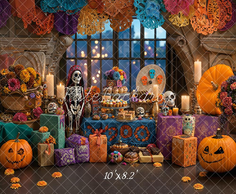 Kate Halloween Skeleton Pumpkins Fleece Backdrop Designed by Emetselch