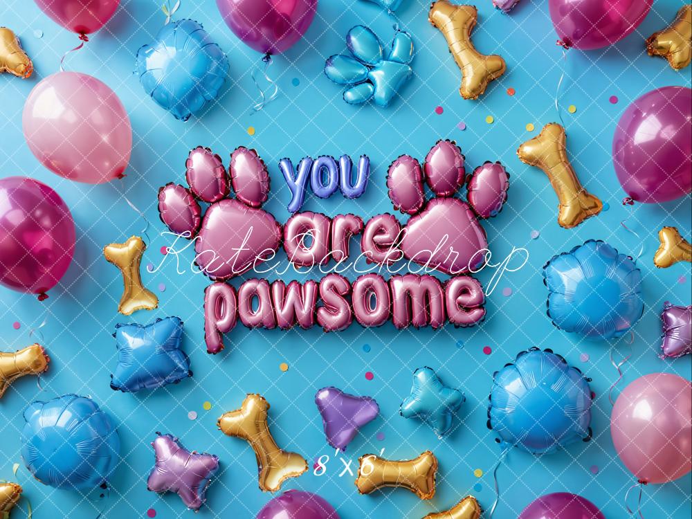 Kate Paw Print Bone Balloon Confetti Blue Backdrop Designed by Emetselch - Kate Backdrop AU