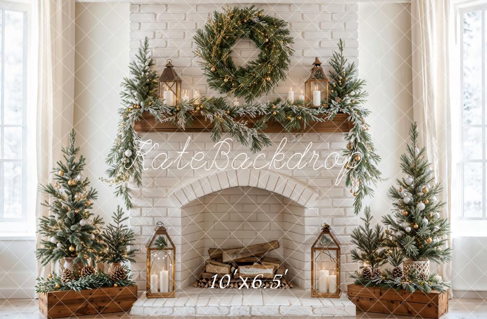 Kate Christmas Fireplace Trees Fleece Backdrop Designed by Emetselch