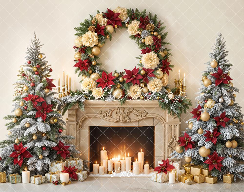 Kate Christmas Fireplace Wreath Fleece Backdrop Designed by Emetselch