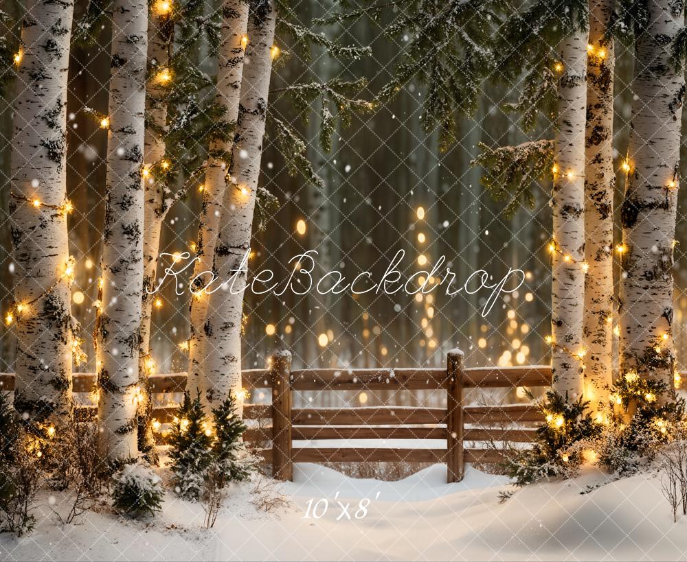 Kate Winter Snowy Birch Trees Lights Fence Fleece Backdrop Designed by Emetselch - Kate Backdrop AU