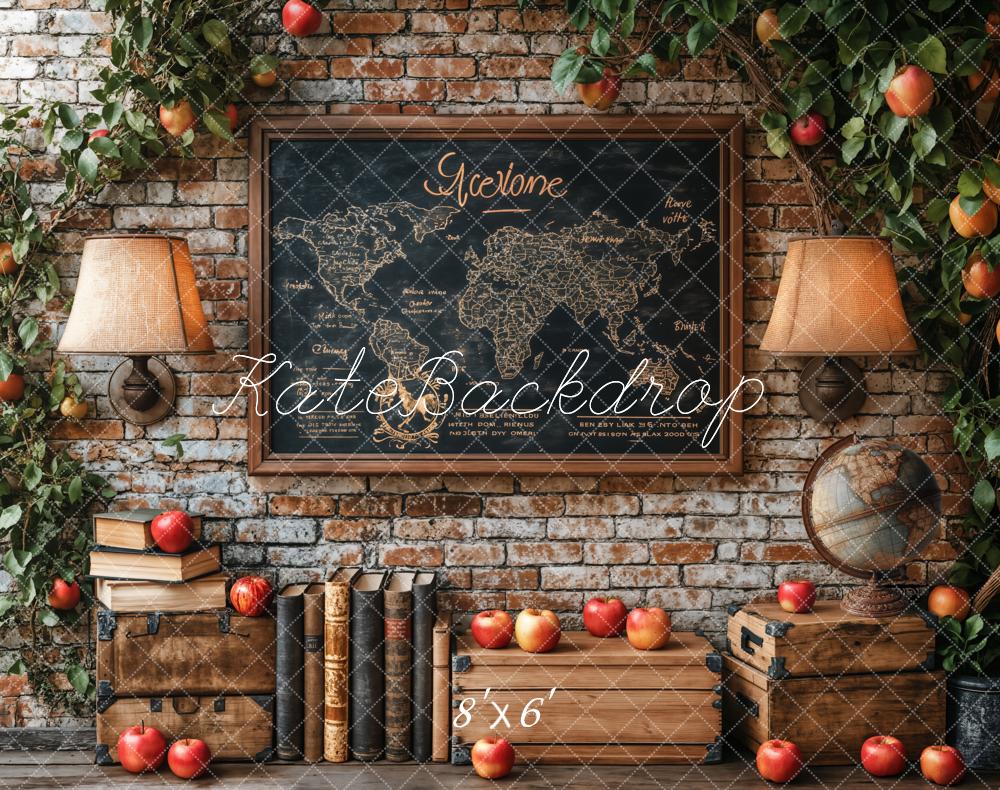 Kate Vintage Brick Wall Map Globe Apples Fleece Backdrop Designed by Emetselch - Kate Backdrop AU